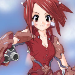 Rule 34 | 1girl, armored core, armored core 4, breasts, female focus, from software, gun, hier, lowres, mecha musume, red hair, sautees, shotgun, solo, standing, weapon