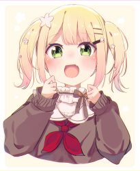 Rule 34 | 1girl, :d, absurdres, blonde hair, blush, brown sweater, commentary request, cropped torso, fang, flower, green eyes, hair flower, hair ornament, hairclip, hands up, highres, hololive, long sleeves, looking at viewer, momosuzu nene, momosuzu nene (casual), neckerchief, okota mikan, open mouth, puffy long sleeves, puffy sleeves, red neckerchief, shirt, sleeves past wrists, smile, solo, sweater, twintails, upper body, virtual youtuber, white flower, white shirt