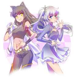 Rule 34 | 2girls, animal ears, bandaged arm, bandages, bare shoulders, belt, belt pouch, black footwear, black hair, blake belladonna, blue dress, blue eyes, boots, cat ears, checkered background, cleavage cutout, closed mouth, clothing cutout, contrapposto, cowboy shot, crop top, cropped legs, dress, earrings, fang, fang out, female focus, frilled dress, frills, gem, hand on own hip, highres, holding, iesupa, jewelry, long hair, looking at viewer, multiple girls, navel, pouch, rwby, sash, side ponytail, sleeveless, smile, standing, stomach, thigh boots, thighhighs, very long hair, weiss schnee, yellow eyes