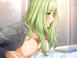 Rule 34 | 1girl, blush, breasts, censored, glasses, green eyes, green hair, keyboard, large breasts, long hair, lying, nipples, no bra, office lady, open clothes, open shirt, paizuri, penis, sano toshihide, shirt, smile