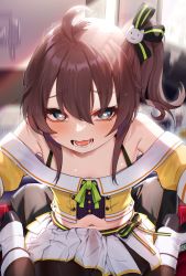 Rule 34 | 1girl, absurdres, ahoge, armpits, blue eyes, blush, brown hair, bu leike, bulge, crop top, erection, erection under clothes, flat chest, heart, heart-shaped pupils, highres, hololive, looking at viewer, medium hair, midriff, natsuiro matsuri, natsuiro matsuri (1st costume), navel, off shoulder, open mouth, pantyhose, penis under another&#039;s clothes, saliva, side ponytail, sitting, skirt, solo, symbol-shaped pupils, thigh sex, virtual youtuber, wariza