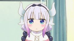 Rule 34 | 10s, 1girl, animated, animated gif, beads, blue eyes, dragon girl, dragon horns, dress, hair beads, hair ornament, hat, head scarf, horns, kanna kamui, kobayashi-san chi no maidragon, long hair, looking at viewer, lowres, open mouth, pink hair, solo, twintails