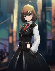 Rule 34 | 1girl, ahoge, black skirt, black vest, brown eyes, brown hair, collared shirt, hair ornament, hairclip, hands in pockets, hod (project moon), id card, library of ruina, limbus company, long sleeves, medium hair, necktie, nietsz, project moon, red necktie, shirt, skirt, solo, vest, white shirt