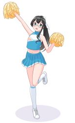 Rule 34 | 1girl, alternate costume, alternate hairstyle, arm up, black hair, blue shirt, cheerleader, crop top, geometrie, glasses, green eyes, hair ribbon, highres, holding, holding pom poms, kantai collection, long hair, looking at viewer, midriff, miniskirt, navel, ooyodo (kancolle), pleated skirt, pom pom (cheerleading), pom poms, ponytail, ribbon, semi-rimless eyewear, shirt, shoes, simple background, skirt, sleeveless, sleeveless shirt, smile, sneakers, solo, standing, standing on one leg, under-rim eyewear, white background