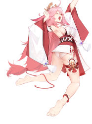 Rule 34 | 1girl, absurdres, animal ears, anklet, artist request, ass, bare shoulders, barefoot, breasts, closed eyes, fox ears, from behind, genshin impact, hair ornament, highres, japanese clothes, jewelry, kimono, kneeling, long hair, open mouth, panties, pink hair, shiny skin, short kimono, sideboob, simple background, solo, thigh strap, underwear, very long hair, white background, wide sleeves, yae miko, yawning
