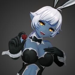 Rule 34 | 1girl, 3d, animal ears, anna anon, antenna hair, black bow, black bowtie, black gloves, black hair, black leotard, blue skin, bow, bowtie, breasts, brown eyes, center opening, cleavage, colored skin, commentary, dark elf, detached sleeves, dice, dungeons &amp; dragons, elbow gloves, elf, english commentary, fake animal ears, fangs, gloves, highres, holding dice, koikatsu (medium), large breasts, leotard, long hair, looking at viewer, low ponytail, maya (anna anon), open mouth, playboy bunny, pointy ears, solo, teeth, upper teeth only, white hair, wrist cuffs