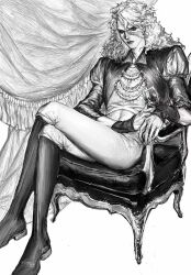 Rule 34 | 1boy, alcohol, armchair, bare pectorals, bishounen, boots, chair, closed mouth, collared jacket, crossed legs, cup, curtains, drink, drinking glass, expressionless, full body, greyscale, hair between eyes, highres, holding, holding drink, interview with a vampire, jacket, jewelry, juliet sleeves, knee boots, lestat de lioncourt (interview with a vampire), lipstick, long hair, long sleeves, looking at viewer, makeup, male focus, monochrome, on chair, open clothes, open jacket, pants, pectorals, puffy sleeves, realistic, ring, simple background, sitting, solo, stomach, thick eyebrows, wavy hair, white background, wine, wine glass, zhishi (itsme948)