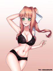 Rule 34 | 1girl, armpits, black panties, bow, brown hair, commentary, doki doki literature club, ducky (sgtducky96), english commentary, green eyes, highres, long hair, monika (doki doki literature club), panties, ponytail, smile, solo, thighhighs, twitter username, underwear, white bow