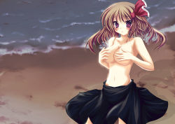 Rule 34 | 1girl, beach, blonde hair, blush, breasts, covering privates, covering breasts, embodiment of scarlet devil, female focus, groin, hair ornament, hair ribbon, large breasts, long hair, navel, red eyes, ribbon, rumia, s black, short hair, skirt, solo, topfreedom, topless, touhou