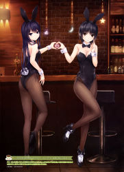 Rule 34 | 10s, 2016, 2girls, absurdres, animal ears, aoyama sumika, arm at side, ass, bar (place), bar stool, bare arms, bare shoulders, black bow, black bowtie, black footwear, black hair, black leotard, bottle, bow, bowtie, breasts, brick wall, brown eyes, cleavage, closed mouth, coffee-kizoku, collarbone, counter, crescent, detached collar, eyebrows, fake animal ears, fake tail, finger to cheek, fishnet pantyhose, fishnets, flower, from behind, full body, hairband, head tilt, heart, heart hands, heart hands duo, high heels, highres, indoors, leotard, light, long hair, looking at viewer, looking back, medium breasts, multiple girls, original, pantyhose, plant, playboy bunny, purple eyes, purple hair, rabbit ears, rabbit tail, red flower, shelf, shiramine rika, shoes, short hair, small breasts, smile, standing, standing on one leg, star (symbol), stool, strapless, strapless leotard, tail, tile floor, tiles, translation request, vase, wrist cuffs
