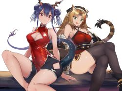 Rule 34 | 2girls, :d, animal ears, arknights, arm support, bad id, bad twitter id, bare arms, bare legs, bare shoulders, black headwear, black jacket, black shorts, blue hair, breasts, ch&#039;en (ageless afterglow) (arknights), ch&#039;en (arknights), china dress, chinese clothes, cleavage, cleavage cutout, clothing cutout, commentary request, covered navel, crossed legs, double bun, dragon horns, dragon tail, dress, fang, feather boa, feet out of frame, green eyes, hair between eyes, hair bun, hat, head tilt, horns, jacket, large breasts, long hair, looking at viewer, multicolored hair, multiple girls, off shoulder, official alternate costume, open mouth, purple eyes, red dress, red hair, sash, short shorts, shorts, sidelocks, simple background, sitting, sleeveless, sleeveless dress, smile, streaked hair, swire (arknights), swire (honor and splendor) (arknights), tail, thighhighs, thighs, tiger ears, tiger tail, white background, yuzuruka (bougainvillea)
