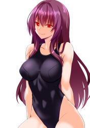 Rule 34 | 1girl, alternate costume, bare shoulders, black one-piece swimsuit, breasts, collarbone, commentary request, covered navel, engo (aquawatery), fate/grand order, fate (series), hair between eyes, hair intakes, highleg, highleg swimsuit, highres, large breasts, lips, long hair, one-piece swimsuit, pink lips, purple hair, red eyes, scathach (fate), simple background, smile, solo, swimsuit, thighs, very long hair, white background