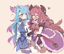 Rule 34 | 2girls, alonemistrist, bare shoulders, blue hair, breasts, cleavage, clothing cutout, coat, dragalia lost, dragon girl, dragon horns, dress, fang, fur trim, gloves, hair between eyes, heart, highres, holding another&#039;s arm, horns, long bangs, long hair, looking at another, medium breasts, mercury (dragalia lost), multicolored hair, multiple girls, mym (dragalia lost), open clothes, open coat, open mouth, parted lips, pink hair, red hair, shoulder cutout, skin fang, two-tone hair, very long hair