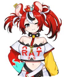 Rule 34 | 1girl, animal ears, asymmetrical hair, asymmetrical sleeves, bad id, bad twitter id, blue eyes, breasts, collar, crop top, hakos baelz, hololive, hololive english, jorin, large breasts, midriff, mismatched sleeves, mouse ears, mouse on head, multicolored hair, navel, one eye closed, red hair, spiked collar, spikes, streaked hair, virtual youtuber, white background