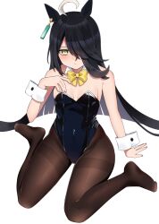 Rule 34 | 1girl, absurdres, ahoge, animal ears, black hair, black leotard, bow, breasts, brown pantyhose, closed mouth, frown, hair over one eye, highres, horse ears, horse girl, kaoru (h8qm9), leotard, long hair, manhattan cafe (umamusume), pantyhose, simple background, sitting, small breasts, solo, thighband pantyhose, umamusume, wariza, white background, wrist cuffs, yellow bow, yellow eyes