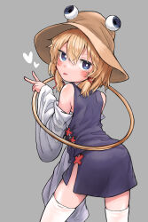 Rule 34 | 1girl, absurdres, ass, bare shoulders, blonde hair, blue eyes, blush, bright pupils, brown hat, closed mouth, detached sleeves, grey background, hair between eyes, hair ribbon, hat, heart, highres, looking at viewer, miniskirt, moriya&#039;s iron rings, moriya suwako, neritch, purple skirt, purple vest, red ribbon, ribbon, ringed eyes, short hair, simple background, skirt, smile, solo, thighhighs, touhou, tress ribbon, v, vest, white pupils, white sleeves, white thighhighs, wide sleeves