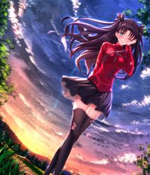 Rule 34 | 1girl, aqua eyes, black thighhighs, blush, breasts, brown hair, cloud, crying, fate/stay night, fate (series), grass, hair ribbon, highres, long hair, long legs, long sleeves, ribbon, skirt, sky, solo, sunrise, swordsouls, tears, thighhighs, tohsaka rin, torn clothes, torn thighhighs, tree, twintails, two side up, wiping tears