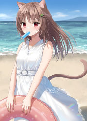 Rule 34 | 1girl, animal ears, blue sky, blush, breasts, brown hair, cat ears, cat girl, cat tail, clover hair ornament, commentary request, day, dress, floating hair, food, food in mouth, four-leaf clover hair ornament, hair ornament, hairclip, horizon, innertube, long hair, looking at viewer, nail polish, nina (yumoran), ocean, original, outdoors, popsicle, red nails, signature, sky, sleeveless, sleeveless dress, small breasts, solo, swim ring, tail, twitter username, white dress, yumoran