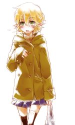 Rule 34 | 1girl, 6 (yuchae), bag, black thighhighs, blonde hair, blush, coat, contemporary, green eyes, looking away, mizuhashi parsee, pleated skirt, pointy ears, ribbed sweater, shopping bag, short hair, skirt, solo, sweater, thighhighs, touhou, trench coat, turtleneck