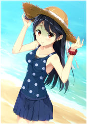 Rule 34 | 10s, 1girl, ahoge, bad id, bad pixiv id, black hair, breasts, gradient background, hands on headwear, hat, highres, kantai collection, long hair, nishimi shin, one-piece swimsuit, pleated skirt, polka dot, polka dot swimsuit, scrunchie, skirt, small breasts, smile, solo, straw hat, sun hat, swimsuit, ushio (kancolle), wrist scrunchie