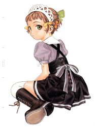 Rule 34 | absurdres, boots, brown hair, form code, green eyes, highres, looking back, maid, murata range, ribbon, scan, short hair, solo