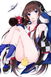 Rule 34 | 1girl, aircraft, armpits, azur lane, bare shoulders, bird, black hair, blue eyes, blue jacket, blue socks, blunt bangs, blush, bottle, breasts, censored, character censor, chips (food), cleavage, cola, collarbone, dress, eating, floating, food, headphones, hime cut, holding, holding bottle, jacket, long hair, long island (azur lane), long sleeves, looking at viewer, necktie, novelty censor, partially unbuttoned, pink pupils, red necktie, rigging, shirt, sleeveless, sleeveless dress, sleeveless shirt, socks, solo, sotsunaku, very long hair