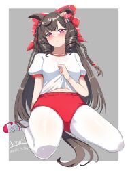 Rule 34 | 1girl, a.nori, absurdres, alternate costume, animal ears, artist name, black hair, breasts, buruma, collarbone, commentary request, daiichi ruby (umamusume), drill hair, flower, full body, grey background, gym uniform, hair flower, hair ornament, highres, horse ears, horse girl, looking at viewer, navel, pantyhose, red buruma, shoes, simple background, sitting, small breasts, solo, umamusume, wariza