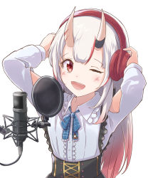 Rule 34 | 1girl, ;d, absurdres, arms up, black skirt, blue bow, blush, bow, center frills, clothing cutout, collared shirt, fang, frills, gradient hair, hands on headphones, headphones, highres, hilamaru, hololive, horns, long hair, long sleeves, looking at viewer, microphone, multicolored hair, nakiri ayame, nakiri ayame (girly), one eye closed, oni, open mouth, red eyes, red hair, shirt, shoulder cutout, simple background, skin-covered horns, skirt, smile, solo, streaked hair, suspender skirt, suspenders, very long hair, virtual youtuber, white background, white hair, white shirt