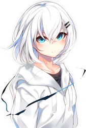 Rule 34 | 1girl, blue eyes, blush, commentary request, crossed bangs, hair between eyes, hair ornament, hairclip, highres, hood, hoodie, looking at viewer, original, otokuyou, ringo-chan (otokuyou), short hair, simple background, solo, upper body, white background, white hair