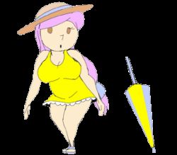 Rule 34 | 1girl, animated, animated gif, bouncing breasts, breasts, brown eyes, cleavage, dress, hat, lowres, one eye closed, pink hair, solo, translation request, umbrella, wink, yellow dress