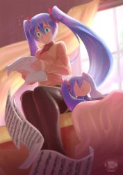 Rule 34 | 1girl, absurdres, alternate hair color, aqua eyes, black thighhighs, cardigan, character doll, crotchet rest, flat sign, hachune miku, hatsune miku, highres, legs together, long hair, musical note, musical note print, purple hair, reading, sheet music, sitting, solo, thighhighs, twintails, very long hair, vocaloid, wide-eyed, yamato (genesisace)