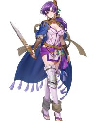 Rule 34 | 1girl, breasts, cleavage, earrings, fire emblem, fire emblem: the binding blade, fire emblem heroes, hanusu, highres, holding, holding sword, holding weapon, jewelry, juno (fire emblem), juno (nimble grace) (fire emblem), large breasts, looking at viewer, nintendo, non-web source, official alternate costume, official art, pelvic curtain, purple eyes, purple hair, simple background, smile, solo, sword, tachi-e, tassel, tassel earrings, toeless footwear, toeless legwear, weapon, white background