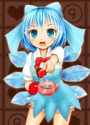 Rule 34 | 1girl, bloomers, blue eyes, blue hair, bow, candy, chiroshiron, chocolate, chocolate bar, chocolate covered, chocolate making, circled 9, cirno, dress, drooling, fang, feeding, fondue, food, fruit, giving, hair bow, heart, highres, ice, ice wings, incoming food, looking at viewer, matching hair/eyes, open mouth, oven mitts, pov feeding, short hair, short sleeves, solo, sparkle, strawberry, touhou, underwear, wings