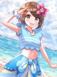 Rule 34 | 1girl, :d, absurdres, blue sarong, blue shirt, blush, bob cut, brown hair, cloud, commentary request, creatures (company), day, eyelashes, flower, game freak, gloria (pokemon), gloria (summer 2021) (pokemon), hair flower, hair ornament, highres, jewelry, lex suri12, looking at viewer, navel, necklace, nintendo, official alternate costume, open mouth, outdoors, pokemon, pokemon masters ex, purple flower, sand, sarong, scrunchie, shirt, shore, short hair, sky, sleeveless, sleeveless shirt, smile, solo, sparkle, swimsuit, teeth, tongue, upper teeth only, water, wrist scrunchie, yellow eyes
