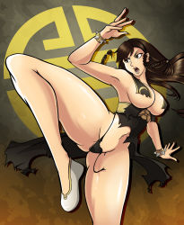 Rule 34 | 1girl, alternate hair length, alternate hairstyle, armpits, bad idea, bare legs, black dress, black panties, bracelet, braid, breast curtains, breasts, brown eyes, brown hair, capcom, chun-li, cleavage, dress, female focus, fighting stance, flats, hair down, highleg, highleg panties, highres, jewelry, large breasts, leg up, long hair, long legs, official alternate costume, open mouth, panties, pantyshot, side braid, sideboob, solo, spiked bracelet, spikes, standing, standing on one leg, street fighter, street fighter v, thick thighs, thighs, thong, torn clothes, torn dress, torn panties, twin braids, underboob, underwear
