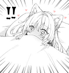Rule 34 | !, !!, 1girl, absurdres, animal ear fluff, animal ears, blanket, blush, cat ears, commentary request, emphasis lines, full-face blush, grey theme, highres, lying, mito (go!go!king!), on back, original, pillow, solo, spot color, under covers, upper body, wide-eyed