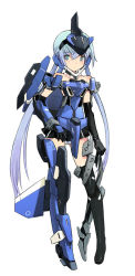 Rule 34 | 10s, 1girl, asymmetrical legwear, black gloves, blue eyes, blue hair, elbow gloves, frame arms girl, full body, gloves, hand on own hip, long hair, matching hair/eyes, mecha musume, official art, panties, shimada fumikane, simple background, solo, striped clothes, striped panties, stylet, twintails, underwear, uneven legwear, very long hair, white background