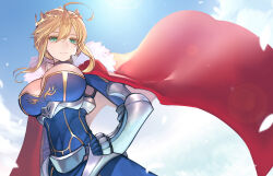 Rule 34 | 1girl, armor, artoria pendragon (fate), artoria pendragon (lancer) (fate), blue dress, breasts, cape, cleavage, cleavage cutout, clothing cutout, crown, dress, expressionless, fate/grand order, fate (series), faulds, fur-trimmed cape, fur trim, green eyes, hair between eyes, hand on own hip, impossible clothes, impossible dress, large breasts, looking at viewer, red cape, short hair, short hair with long locks, sidelocks, skin tight, solo, swept bangs, teko, vambraces