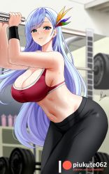 Rule 34 | 1girl, azur lane, blush, breasts, cleavage, gym, gym pants, hair ornament, highres, large breasts, long hair, looking at viewer, navel, pants, piukute062, sideboob, silver hair, solo, sports bra, stomach, sweat, swept bangs, thighs, ticonderoga (azur lane), tight clothes, tight pants, wristband