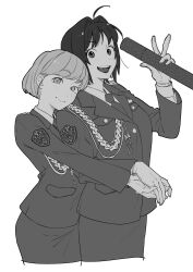 Rule 34 | 2girls, black hair, blue necktie, breast pocket, breasts, brown hair, highres, holding hands, jewelry, looking at viewer, medium breasts, mori chizuru, multiple girls, necktie, open mouth, osg pk, pencil skirt, pocket, police, police and lady, police badge, police uniform, policewoman, shirt, short hair, simple background, skirt, smile, takako (police and lady), teeth, uniform, white background