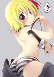 Rule 34 | 1girl, aki (akikaze asparagus), ass, blonde hair, blush, bra, breasts, female focus, looking at viewer, looking back, musical note, panties, red eyes, rumia, short hair, sideboob, smile, solo, spoken musical note, striped clothes, striped panties, touhou, underwear, undressing
