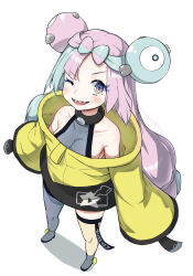 Rule 34 | 1girl, ;d, blush, boots, bow-shaped hair, breasts, character hair ornament, collarbone, commentary request, creatures (company), full body, game freak, grey footwear, grey shirt, hair ornament, highres, iono (pokemon), jacket, knees, looking at viewer, multicolored hair, nagyiiie, nintendo, one eye closed, open mouth, pokemon, pokemon sv, sharp teeth, shirt, sleeveless, sleeveless shirt, sleeves past fingers, sleeves past wrists, smile, solo, standing, teeth, two-tone hair, upper teeth only, yellow jacket