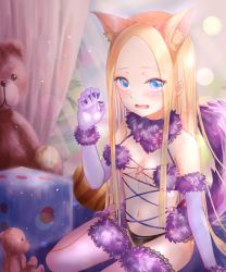 Rule 34 | 1girl, abigail williams (fate), animal ear fluff, animal ears, black panties, blonde hair, blue eyes, blue sky, blush, breasts, cat ears, claw pose, cosplay, curtains, day, elbow gloves, fang, fate/grand order, fate (series), fingernails, forehead, fur-trimmed gloves, fur-trimmed legwear, fur trim, gloves, hand up, highres, indoors, kemonomimi mode, kinom (sculpturesky), long hair, looking at viewer, mash kyrielight, mash kyrielight (dangerous beast), mash kyrielight (dangerous beast) (cosplay), medium breasts, navel, official alternate costume, open mouth, panties, parted bangs, purple gloves, purple thighhighs, sitting, sky, solo, stuffed animal, stuffed toy, tail, tail raised, teddy bear, thighhighs, underwear, very long hair, window, wolf tail