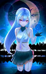 Rule 34 | 1girl, absurdres, bad id, bad pixiv id, bare shoulders, blue hair, bow, breasts, closed mouth, collarbone, commentary, covered collarbone, detached sleeves, english commentary, garter straps, gloves, green gloves, green skirt, hair between eyes, hand up, head tilt, highres, long hair, long sleeves, midriff, navel, night, night sky, original, pleated skirt, purple eyes, red bow, reflection, reflective water, shirt, silhouette, skirt, sky, sleeveless, sleeveless shirt, small breasts, smile, solo, star (sky), starry sky, teshu, thighhighs, transparent, tree, very long hair, wading, white shirt, white sleeves, white thighhighs