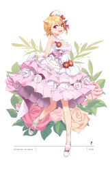 Rule 34 | 1girl, absurdres, ahoge, blonde hair, commentary request, detached collar, dress, dress flower, earrings, floral background, flower, frilled socks, frills, full body, gloves, hair flower, hair ornament, highres, ibuki tsubasa, idolmaster, idolmaster million live!, idolmaster million live! theater days, jewelry, looking at viewer, open mouth, pink eyes, red flower, red rose, rose, short hair, socks, solo, strapless, strapless dress, white dress, white flower, white footwear, white gloves, white rose, white socks, yoshito