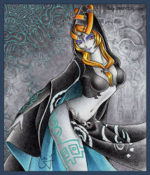 Rule 34 | 1girl, blonde hair, cloak, hood, long hair, makeup, midna, midna (true), nintendo, aged up, red eyes, signature, solo, spoilers, tattoo, the legend of zelda, the legend of zelda: twilight princess