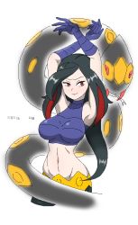 Rule 34 | 1girl, armpits, arms behind head, black hair, breasts, creatures (company), game freak, gen 3 pokemon, gloves, large breasts, long hair, lucy (pokemon), midriff, navel, nintendo, pokemon, pokemon emerald, pokemon rse, red eyes, seviper, smile, tagme, waagh!! (artist), wide hips
