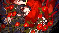 Rule 34 | 1girl, album cover, black hair, cover, falling, floating hair, flower, from side, hair ornament, unworn hair ornament, hair stick, hands up, highres, japanese clothes, kimono, long hair, long sleeves, looking at viewer, looking to the side, obi, original, parted lips, red eyes, red flower, red kimono, red lips, red nails, sash, solo, spider lily, unrefle, upper body