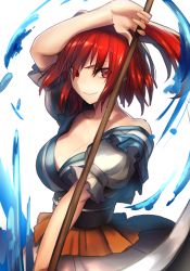 Rule 34 | 1girl, arm up, belt, breasts, chirigami-san, cleavage, highres, large breasts, looking at viewer, onozuka komachi, red eyes, red hair, sash, scythe, shirt, skirt, smile, solo, touhou, two side up