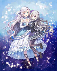 Rule 34 | 2girls, :d, black dress, black footwear, black legwear, blue dress, blue eyes, braid, breasts, bridal gauntlets, cleavage, dress, ensei, frilled dress, frills, frown, gloves, gothic wa mahou otome, holding hands, highres, long hair, looking at viewer, looking back, medium breasts, multiple girls, open mouth, pantyhose, plumeria (gothic wa mahou otome), purple eyes, purple hair, rosalie (gothic wa mahou otome), shoes, silver hair, smile, white gloves